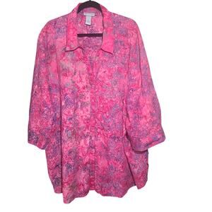 Liz & Me For Catherines Pink Blue Green Floral 3/4 Sleeve Cotton V-Neck Top 5X